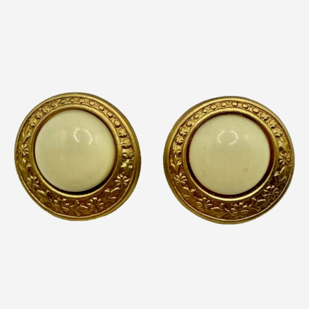 Vintage 1980s Cream Acrylic Cabochon‎ Dome Earrings Gold Tone Statement Pierced